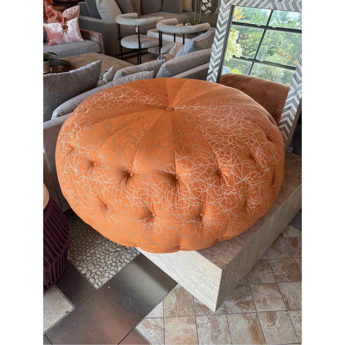 Tufted Orange Round Pouf - colletteconsignment.com