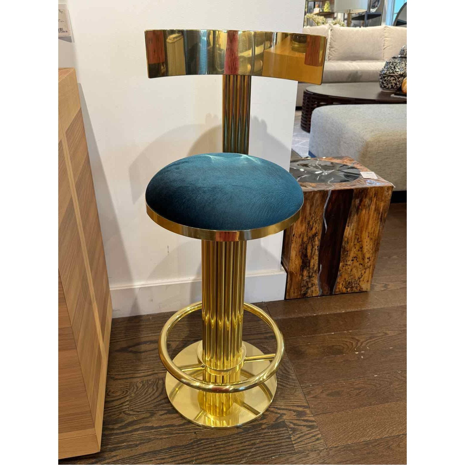 PAIR of Custom Polished Brass Bar Stools w/ Cowhide Seat - AS IS