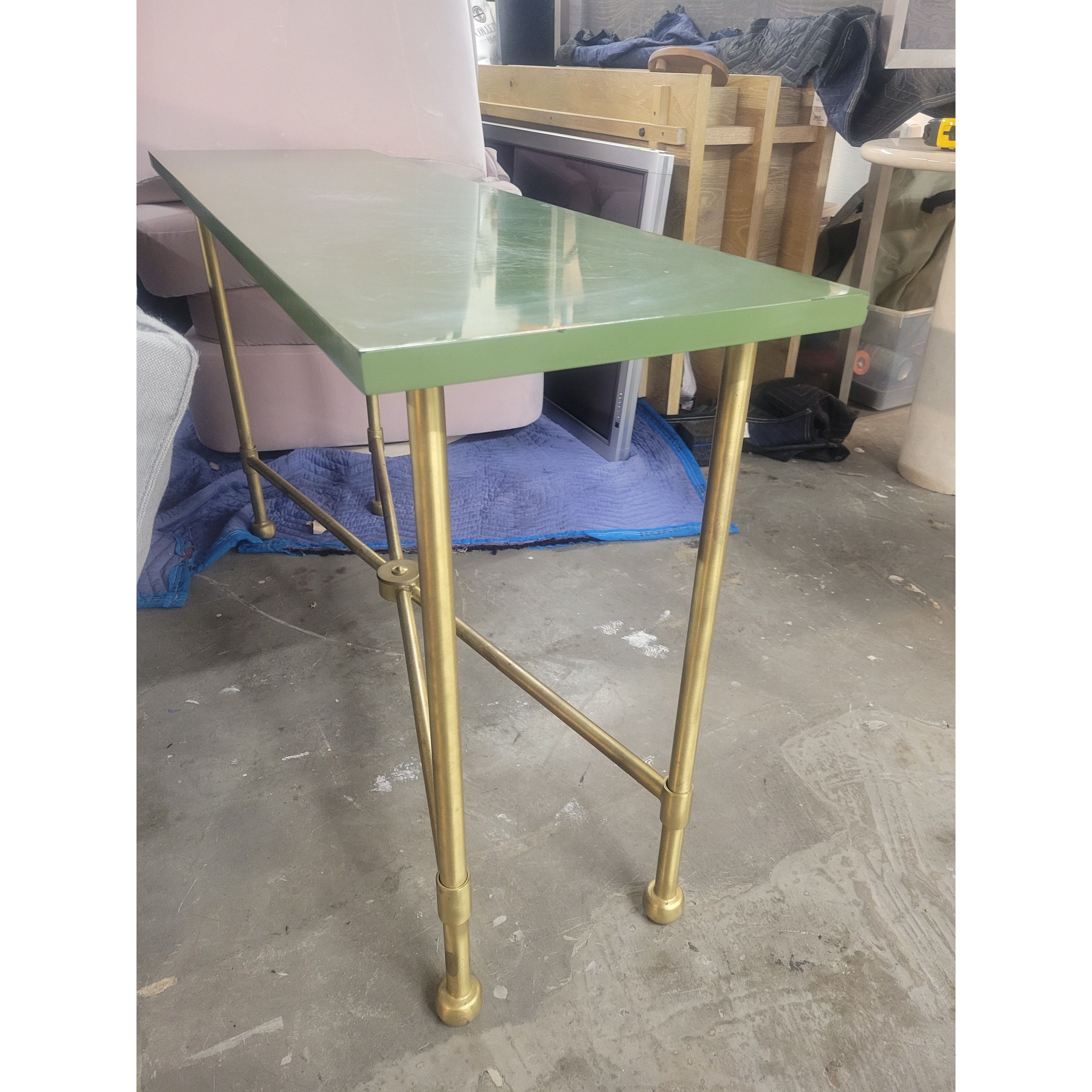 Custom KRB Brass Console Table w/ Green Lacquer Top by Lacquer Co. (AS IS)