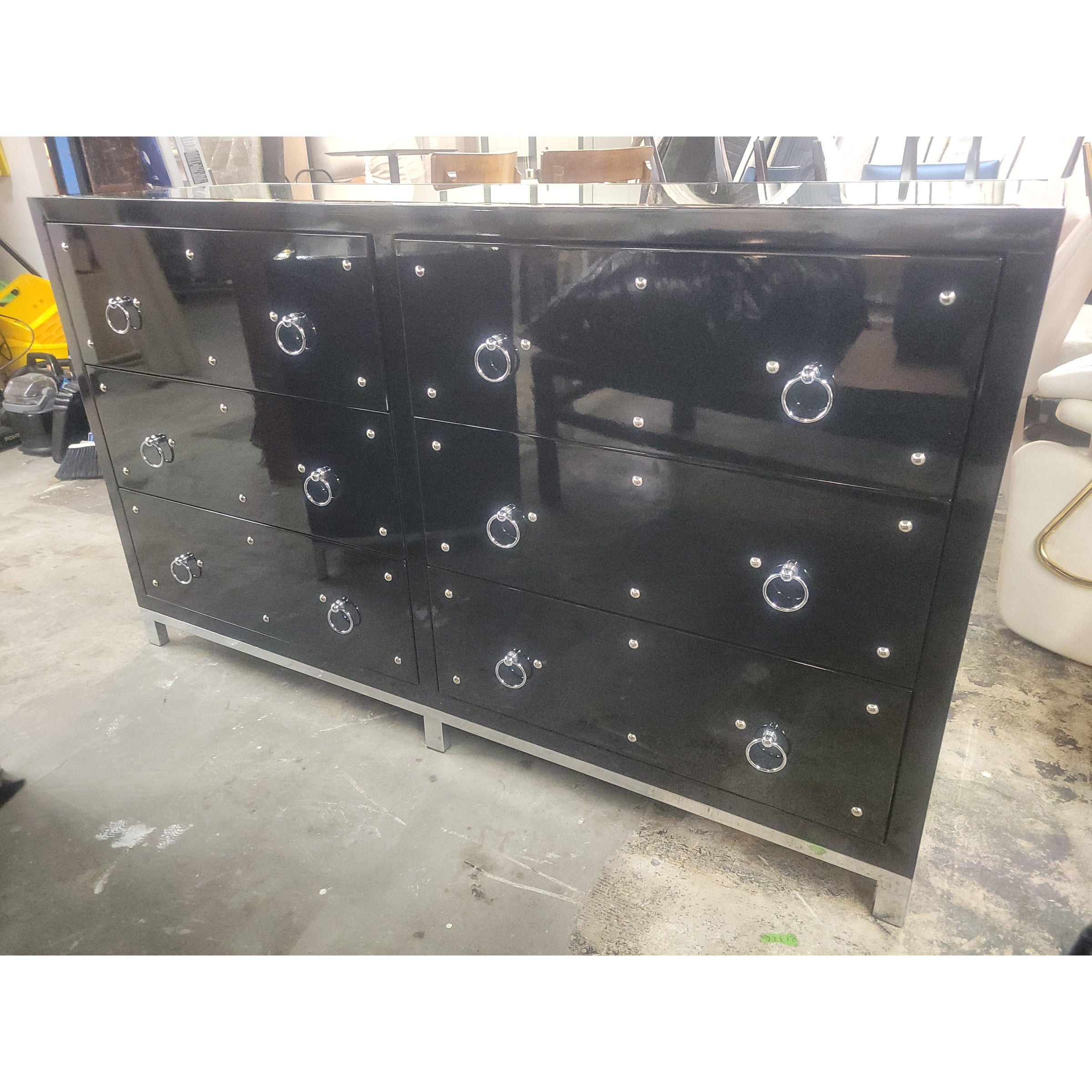 Black Lacquer & Nickel 6-Drawer Dresser w/ Mirror Top by Worlds Away