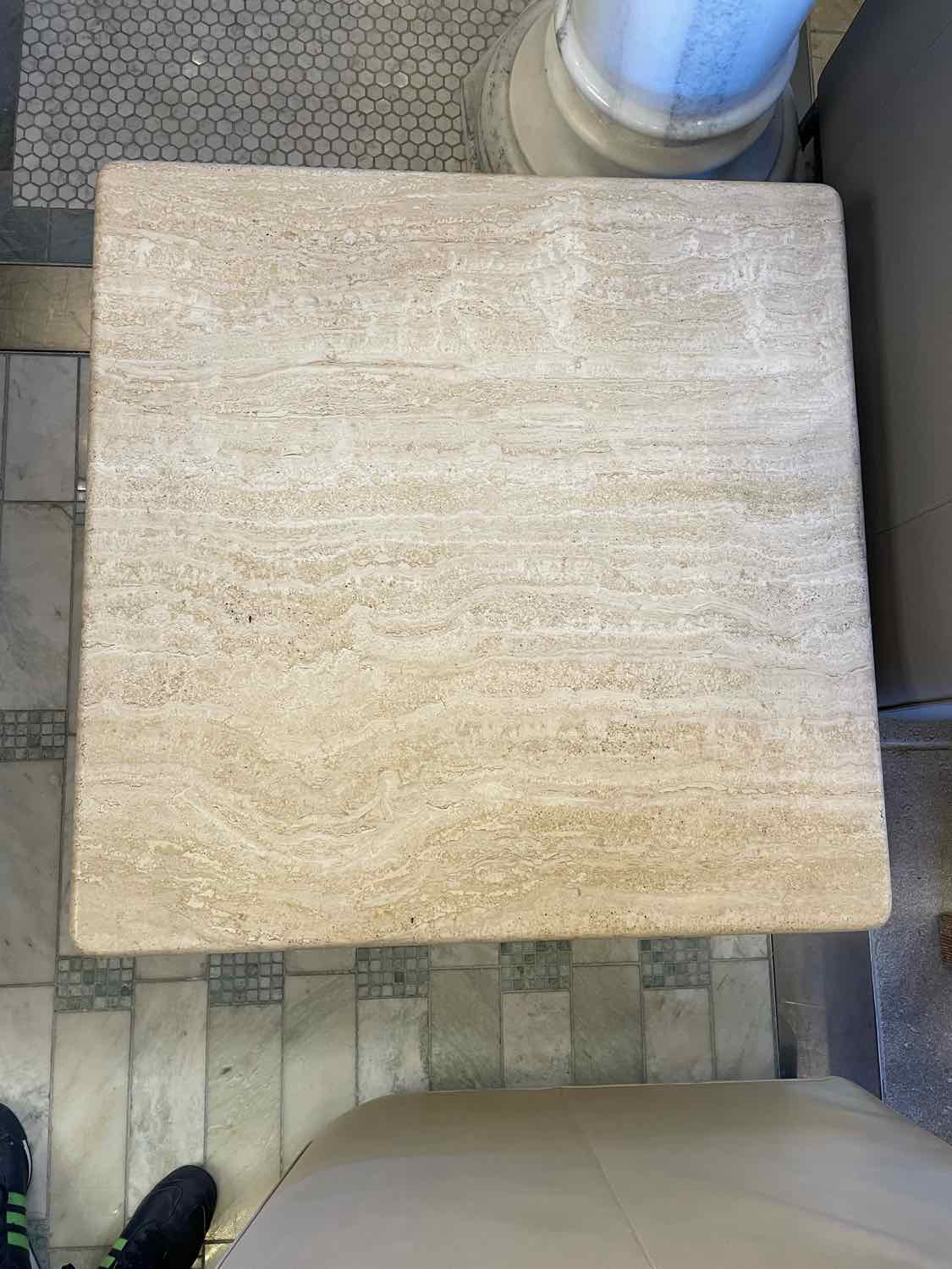 Vintage 3-ft Square Layered Travertine Pedestal Coffee Table