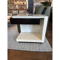 PAIR of Custom White Satin Lacquer Open Side Tables w/ Brown Wood Drawers - colletteconsignment.com