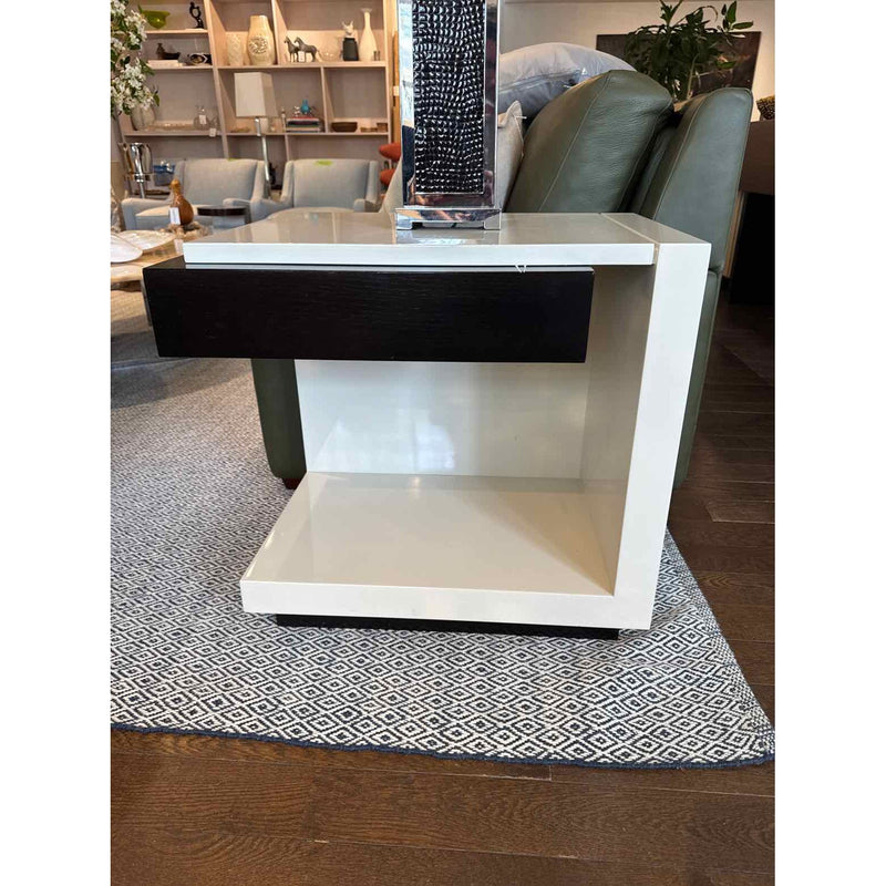 PAIR of Custom White Satin Lacquer Open Side Tables w/ Brown Wood Drawers - colletteconsignment.com