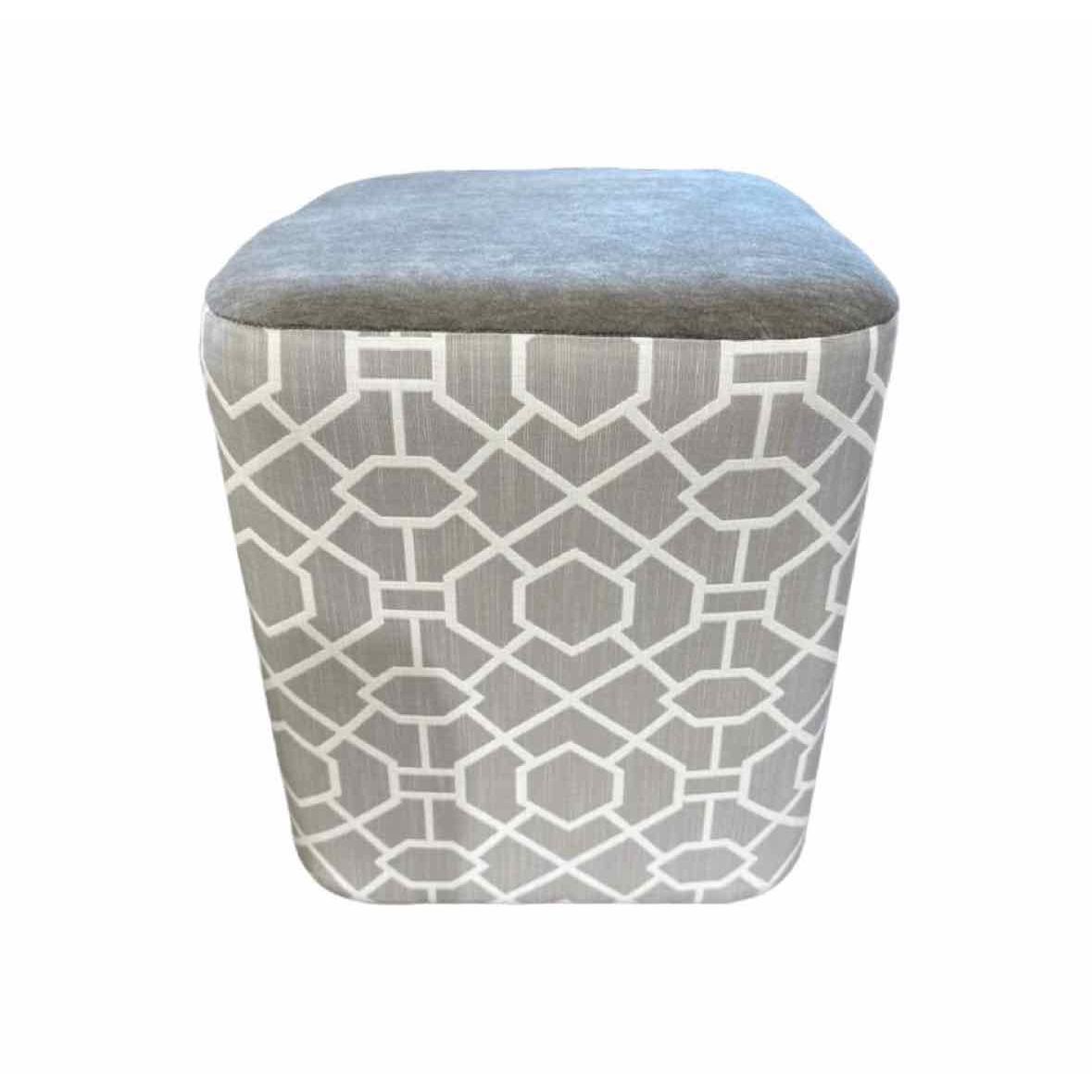 Custom Square Gray Geometric Pattern Ottoman w/ Mohair Seat - colletteconsignment.com