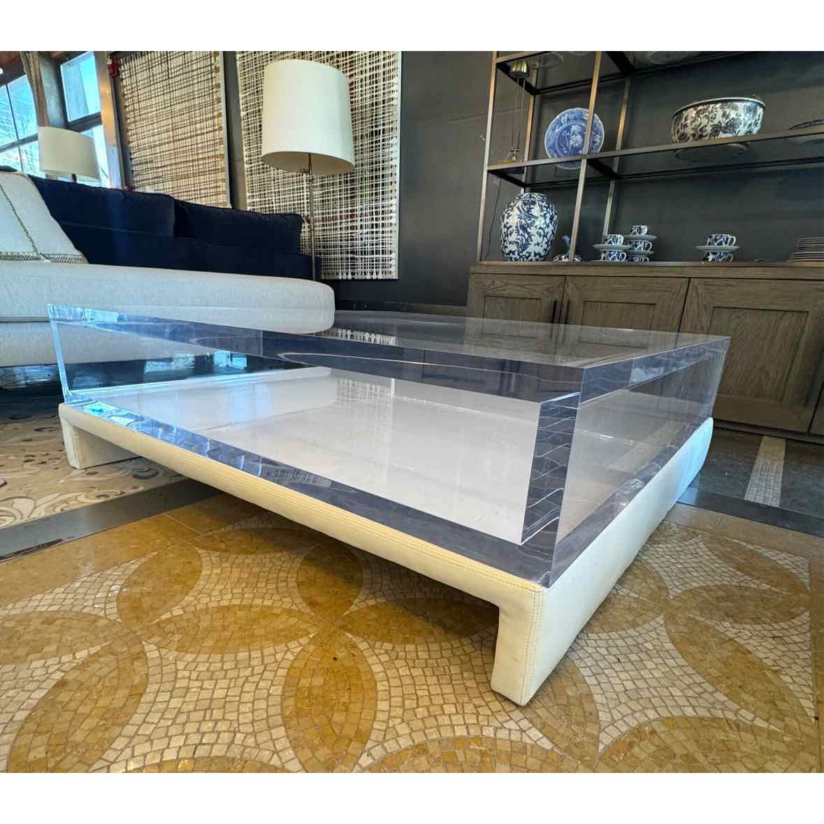 Custom Lucite / White Leather Coffee Table by Classic Gallery