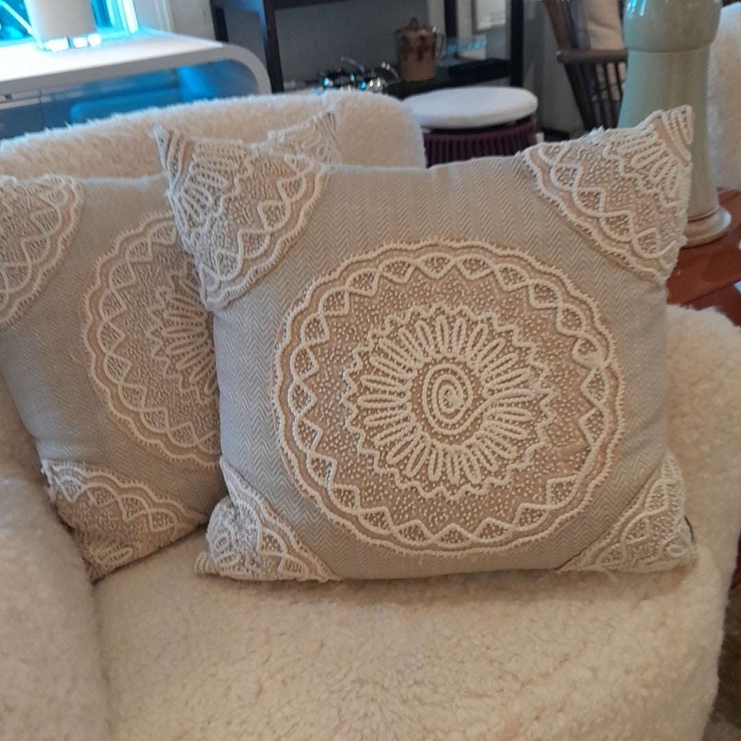 Pair of Large Throw Pillows with/ Medallion Applique+Beaded Trim 20"Sq