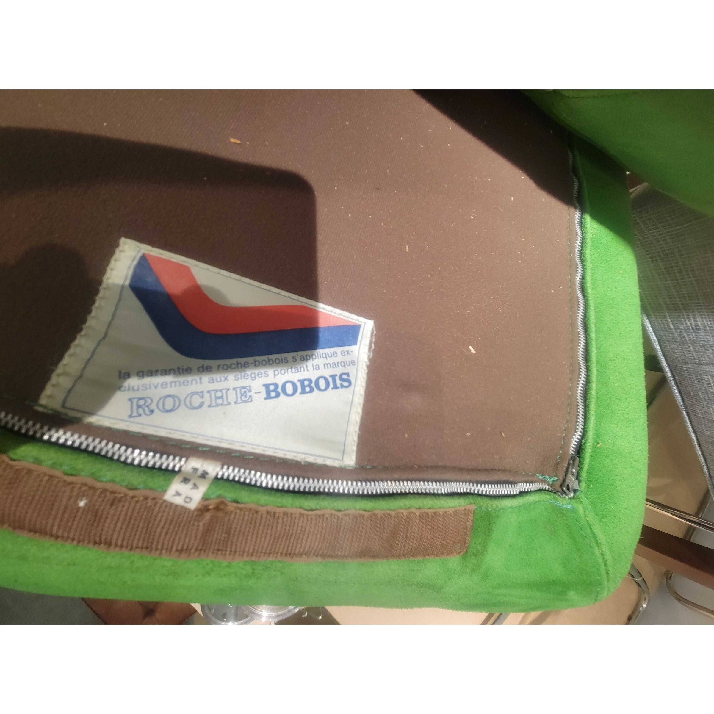 SET of 4 Vintage 1970s Green Suede & Chrome Chairs by Roche Bobois - AS IS