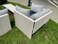 PAIR of White Wicker Slimline Lounge Chairs w/ Navy Cushions by Dedon