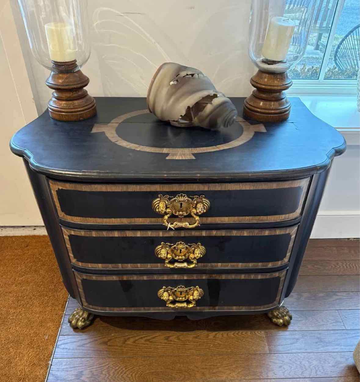 Black 3 Drawer Claw Foot Dresser with Top Emblem and Lion Hardware