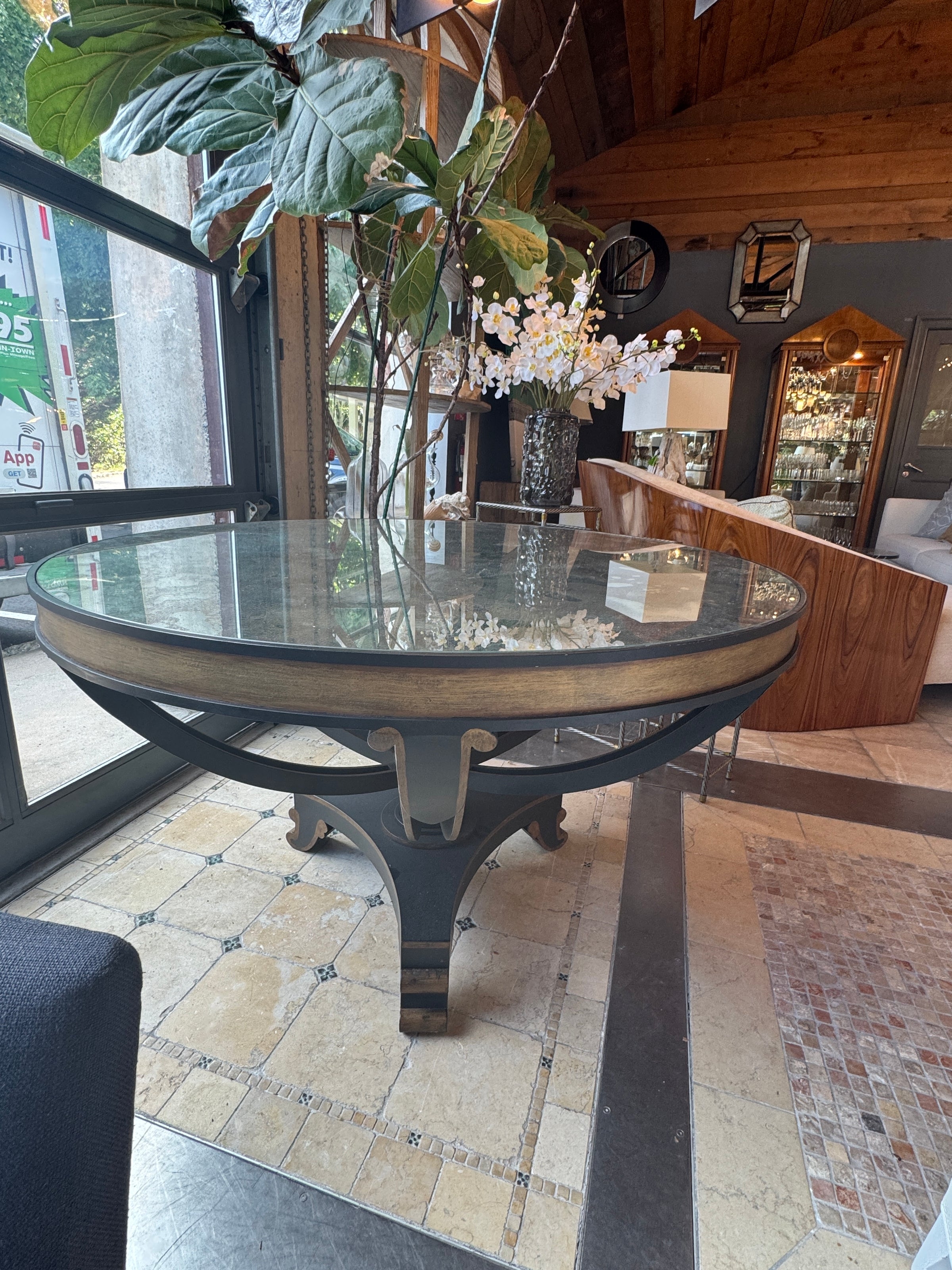 Neoclassical Steel & Mirrored Glass 4-ft Round Table by Niermann Weeks