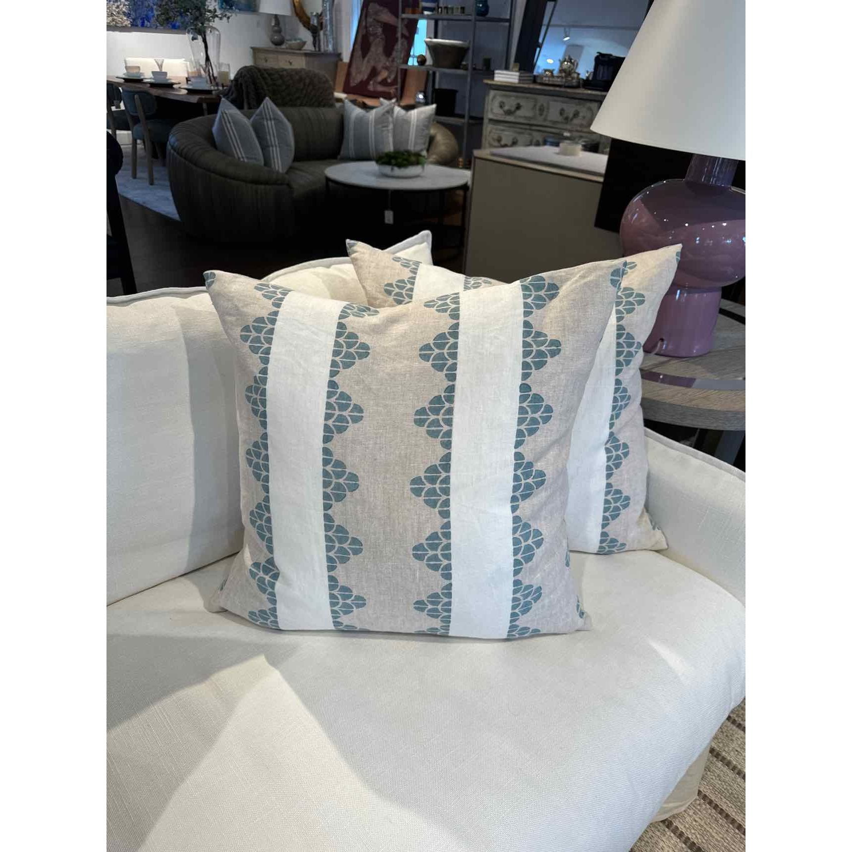 Pair of Vertical Turquoise and Cream Pattern Linen Pillows 18"Sq