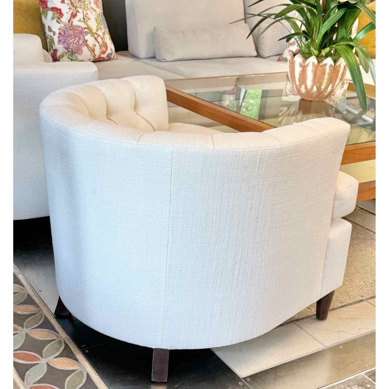 PAIR of Custom Beige Tufted Club Chairs w/ Dark Wood Legs