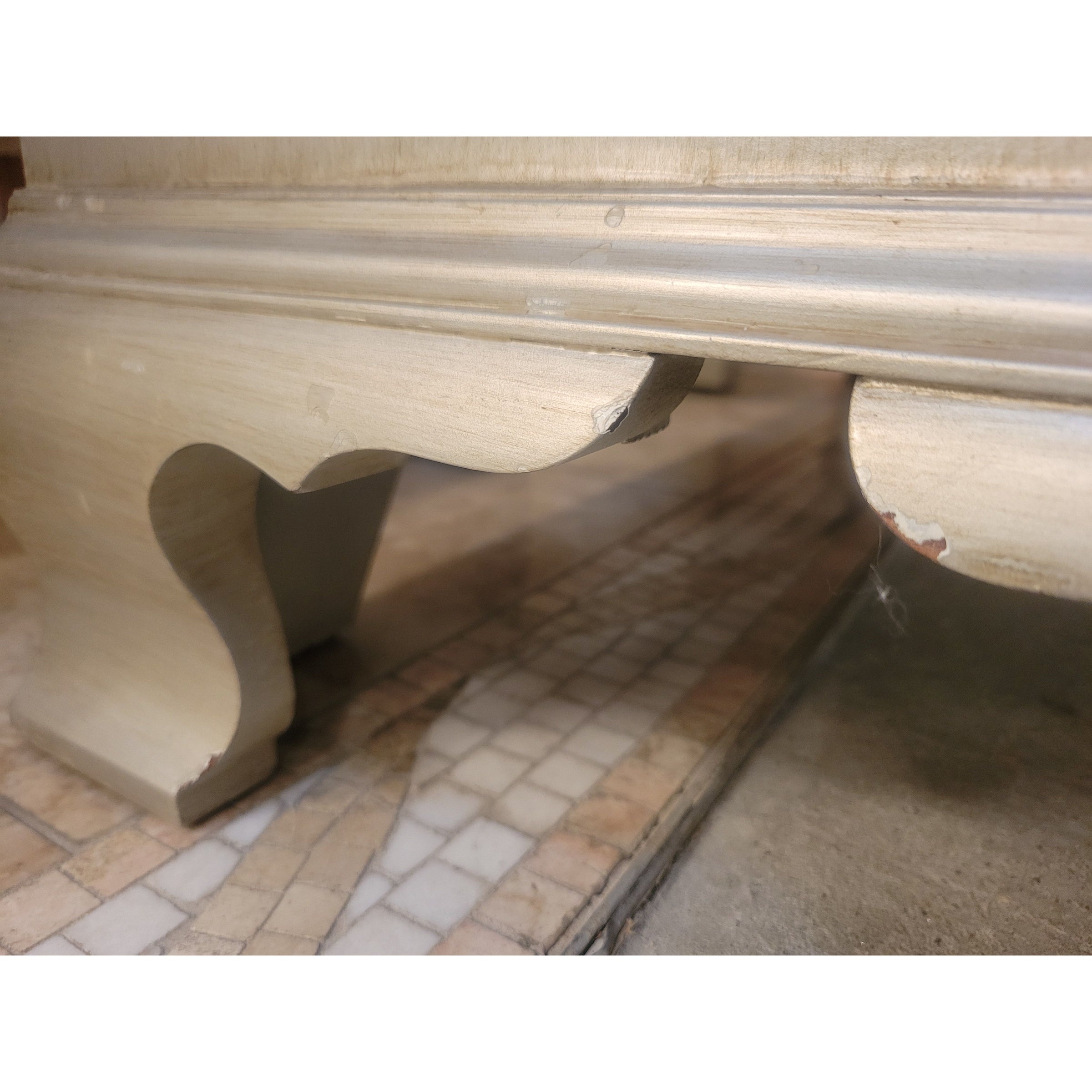 Antique 4-Drawer Platinum Painted Rococo Commode w/ Mirror Glass Top (As Is)