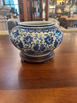 Blue & White, Ceramic, Asian Style Bowl on Wooden Stand