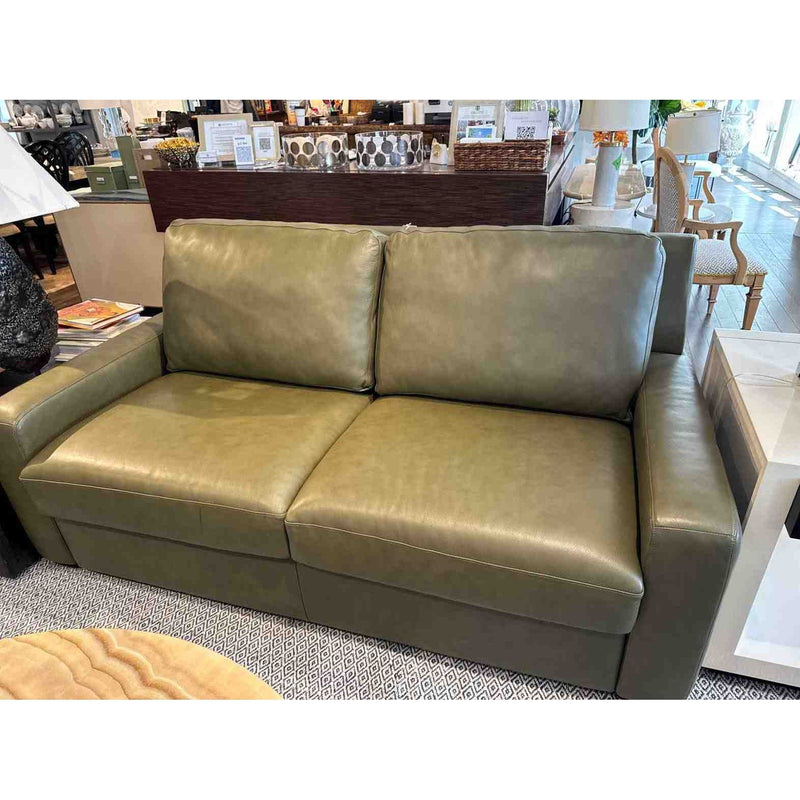 Custom Queen-Sized Tuxedo Style Green Leather Sleeper Sofa by American Leather - colletteconsignment.com