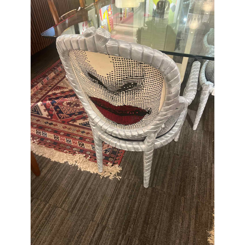 Set of 4 Vintage Custom Upholstered Dining Chairs with Fornasetti Backs