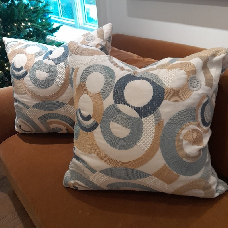 Pair of Throw Pillows, Blue, Tan & Cream Circle Design 22"Sq,  AS IS, Pulls