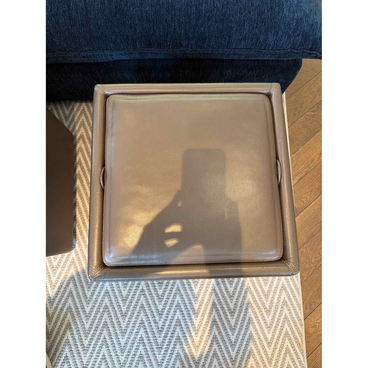 Brown Leather Storage Ottoman w/ Flip Top Wood Tray on Casters by DWR - colletteconsignment.com