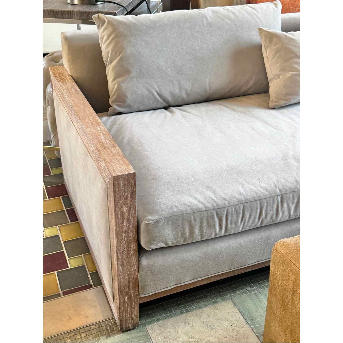 Gray Suede 'Highbridge' Sofa on Walnut Base by Thom Filicia for Kravet
