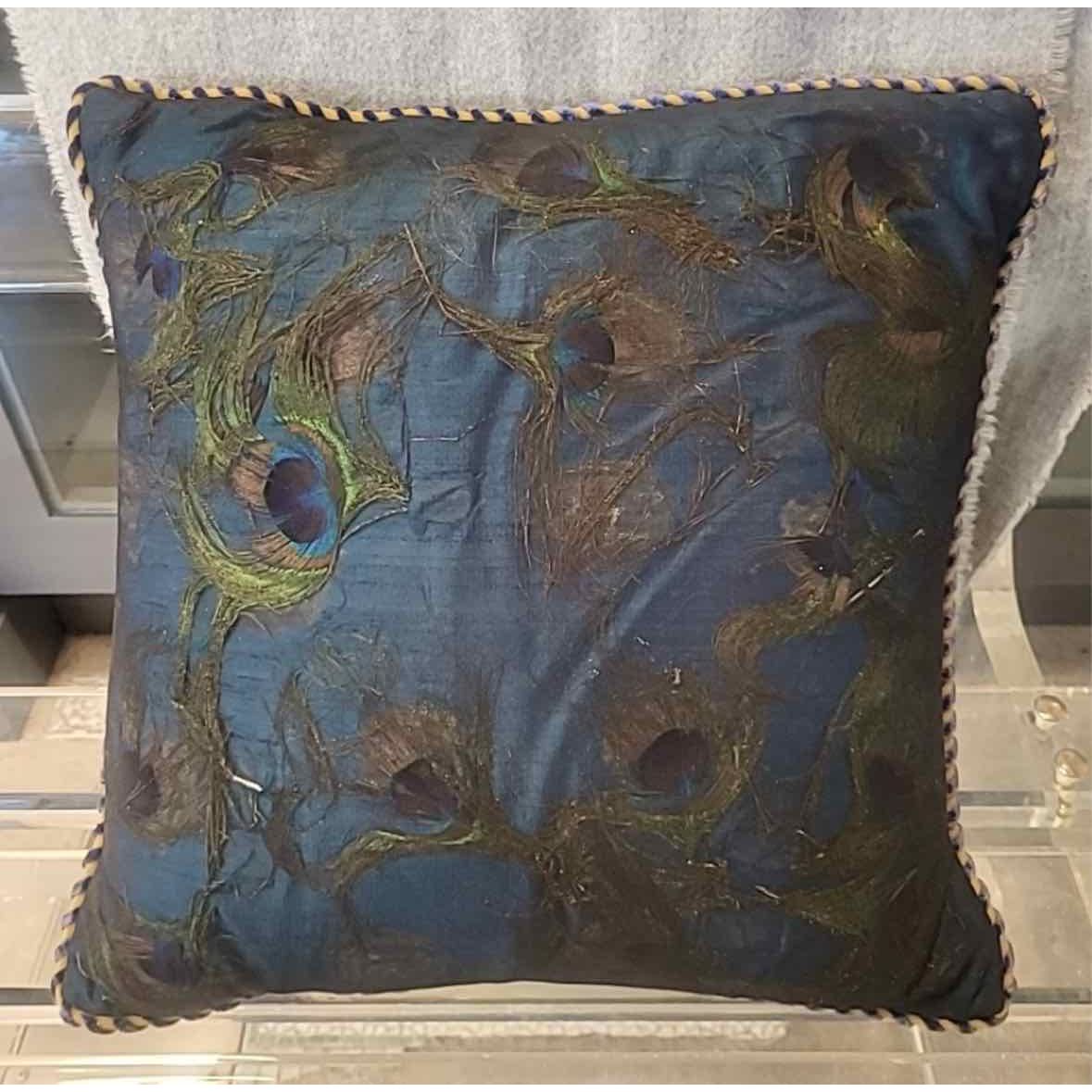 Peacock Lace Over Teal Silk Throw Pillow w/ Down Insert