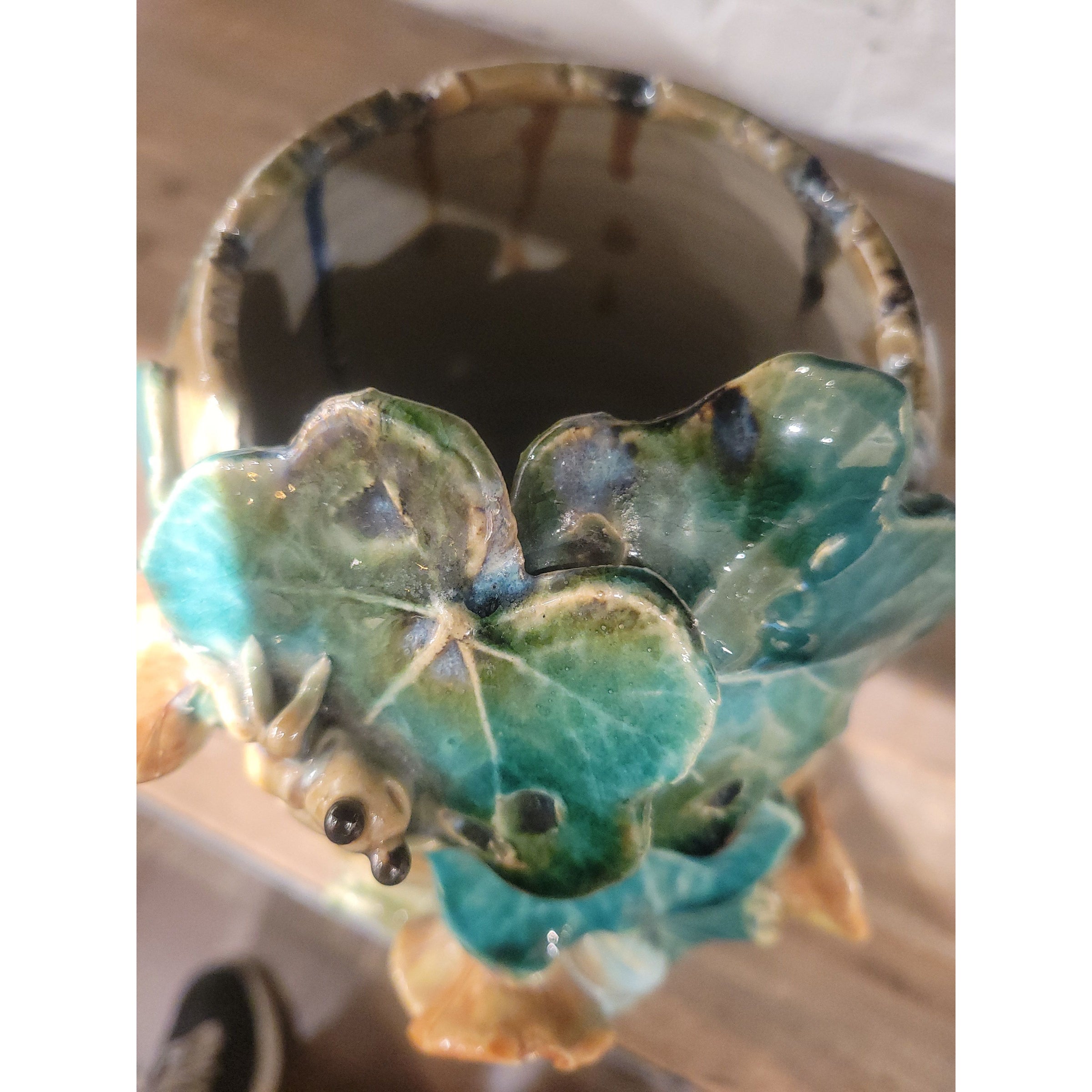 Majolica Style Ceramic Wrapped Leaf Vase by Mann