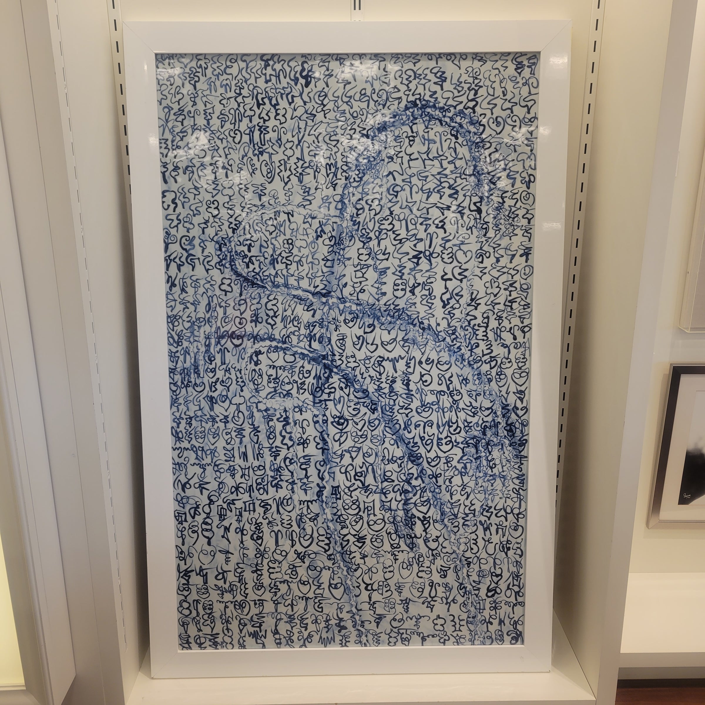 Jared Fitzgerald Framed Chinese Porcelain Panel - Blue Script Motif