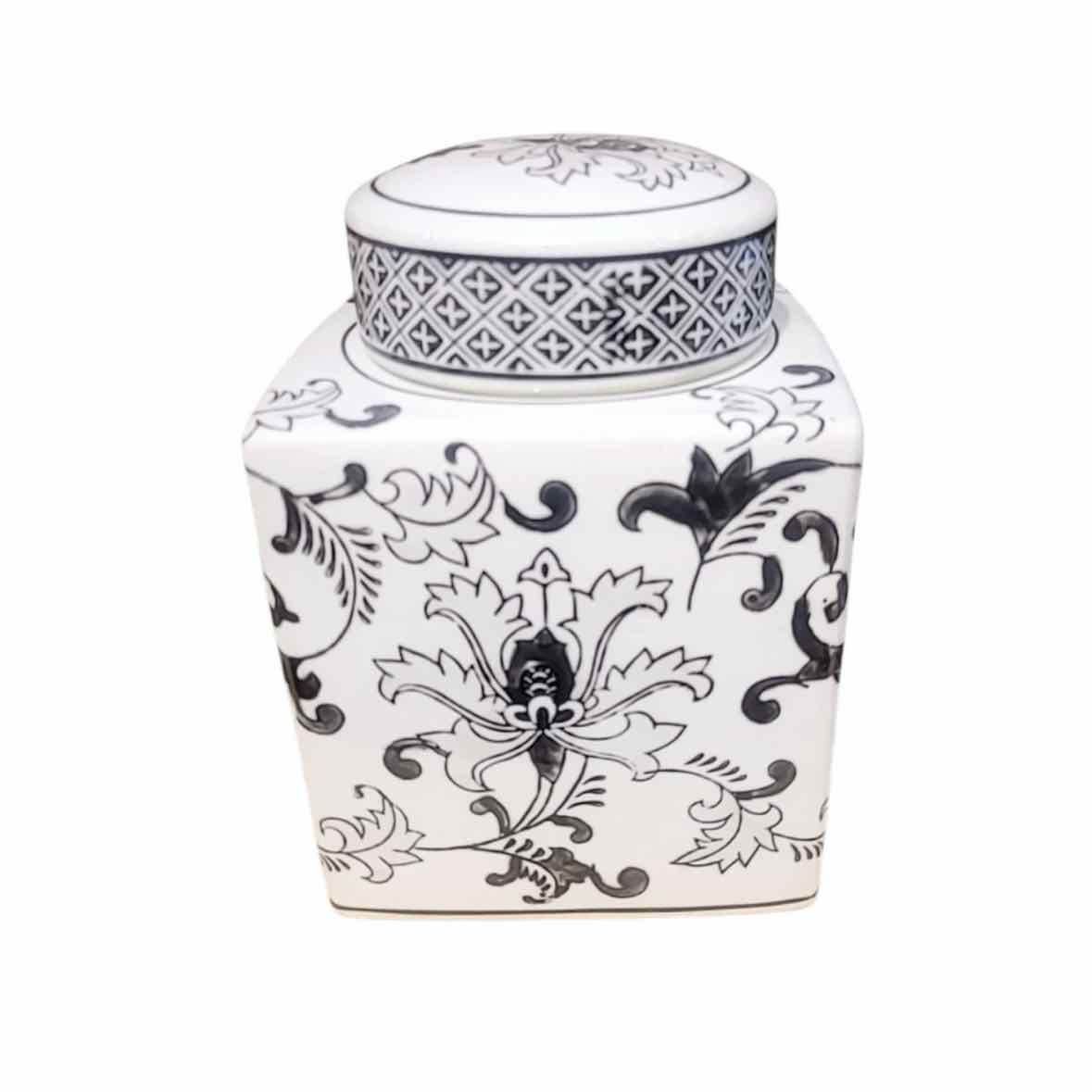 Glazed White & Black Floral Print Ceramic Jar w/ Lid
