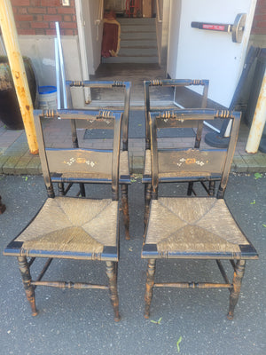 SET of 4 Antique Black Wood Hitchcock Chairs w/ Rush Seats (AS IS)