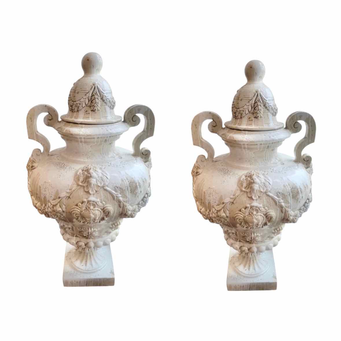 PAIR of Vintage Signed Cast Iron White Glazed Urns w/ Lids