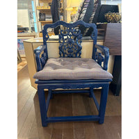 Pair of Blue Lacquered Chinesse Chairs w/ Custom Pillows 24"L x 18.5"D x 37"H - colletteconsignment.com