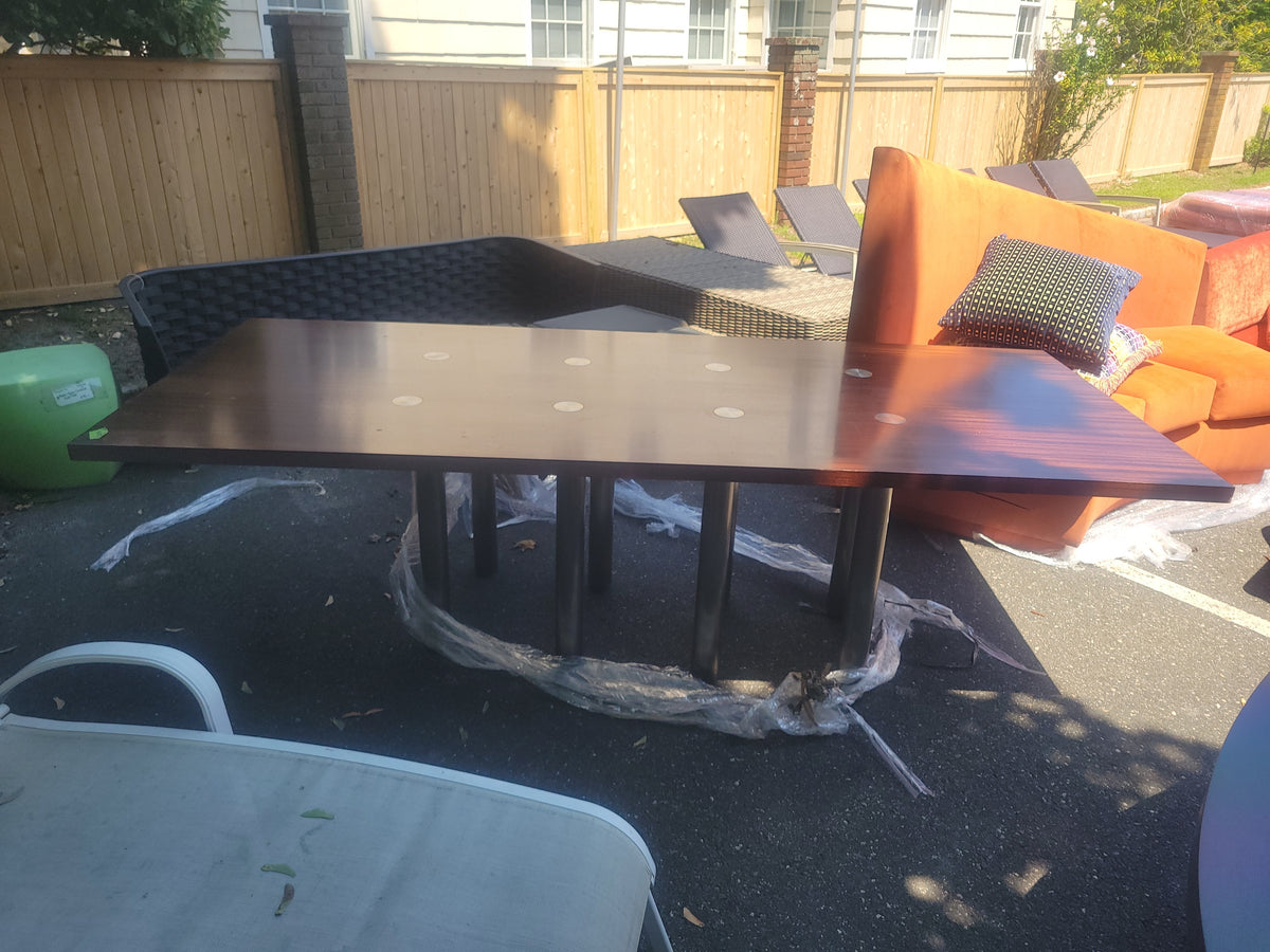 Dark Wood Dining Table w/ 6 Brushed Metal Legs - AS IS