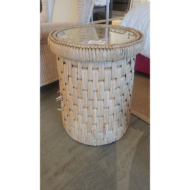 Round Woven Seagrass Side Table w/ Glass Top Attrib. to S&L (AS IS) - colletteconsignment.com