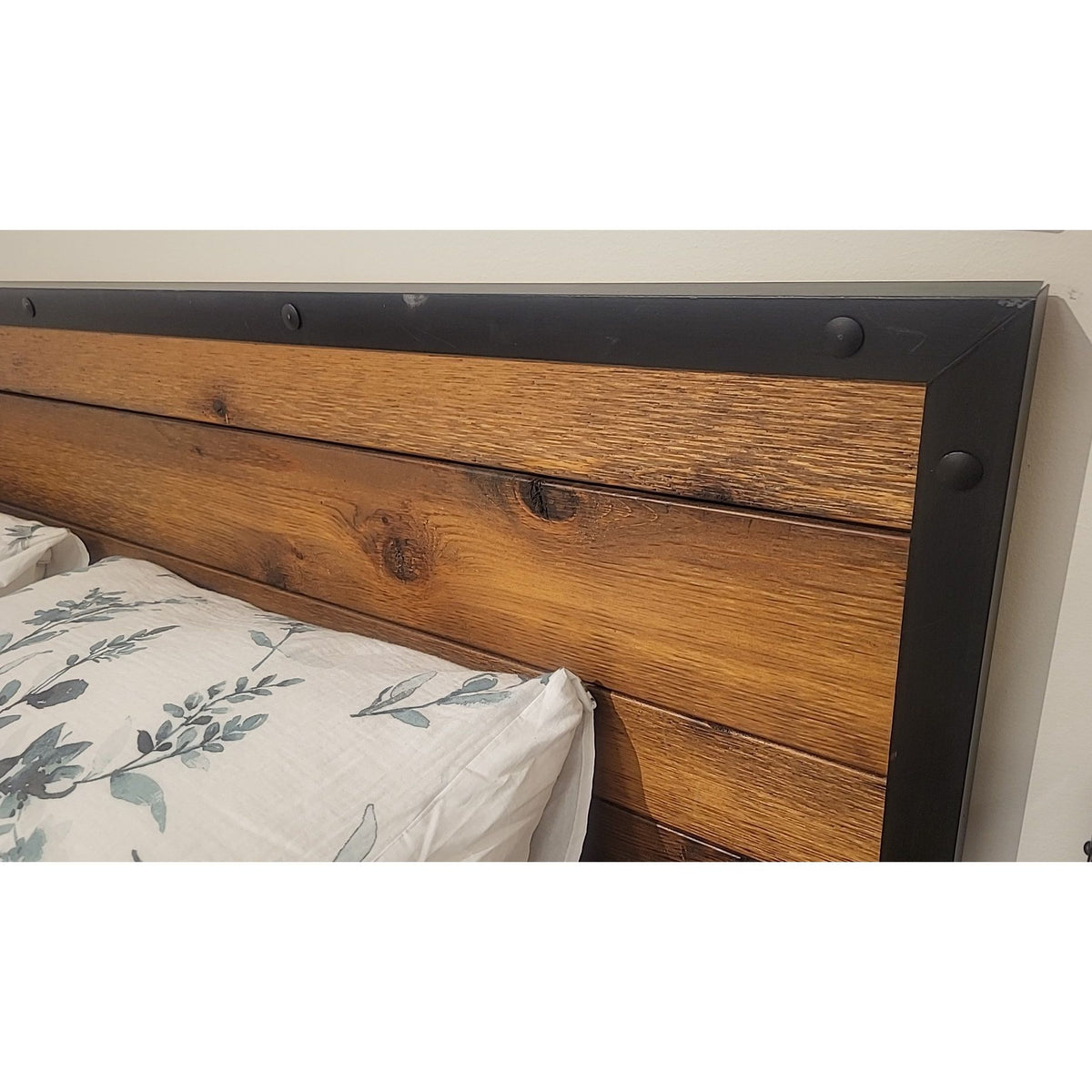 Queen-Sized Solid Wood Bed Frame w/ Studded Headboard (AS IS) - colletteconsignment.com