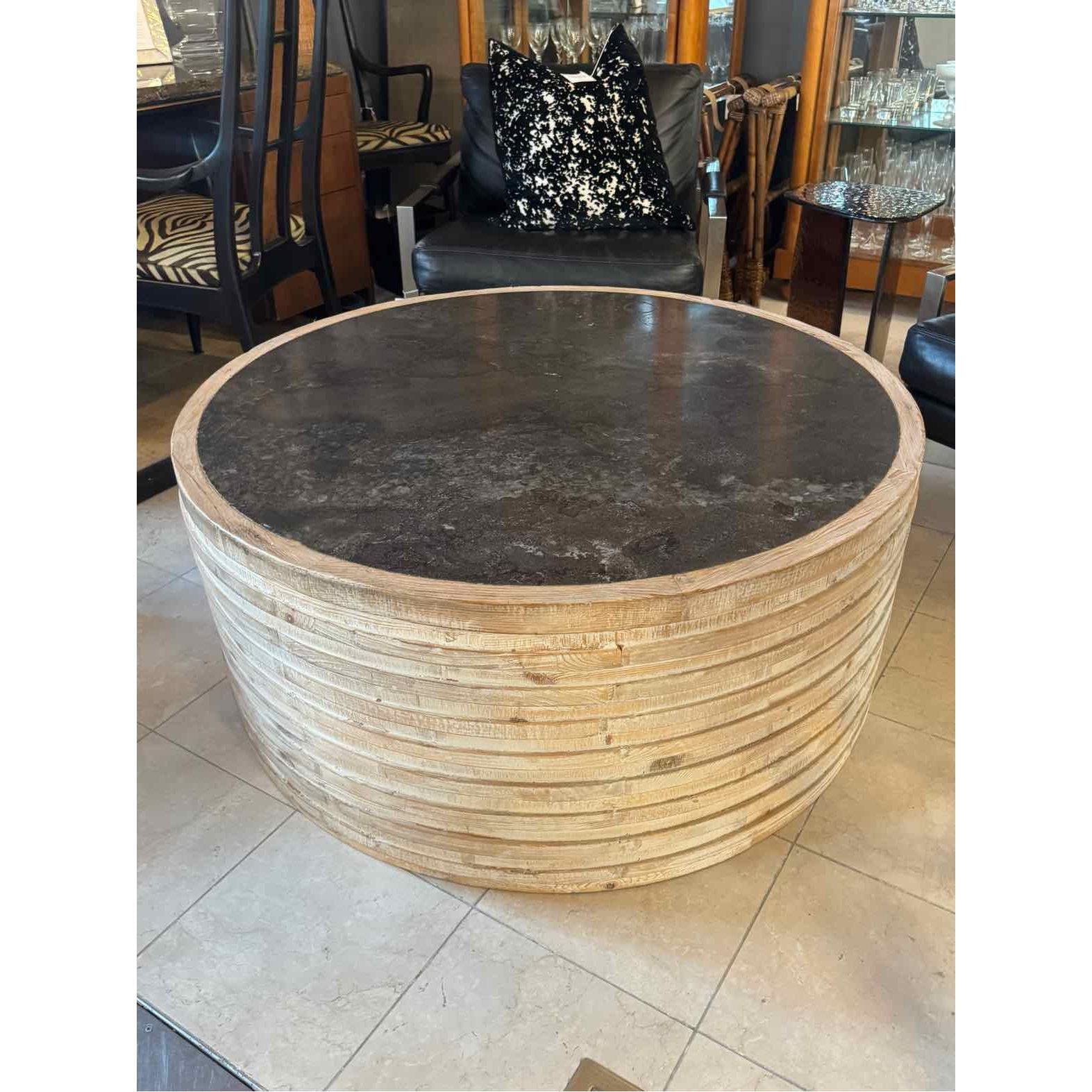 Round Fluted Wood Coffee Table w/ Black Stone Top
