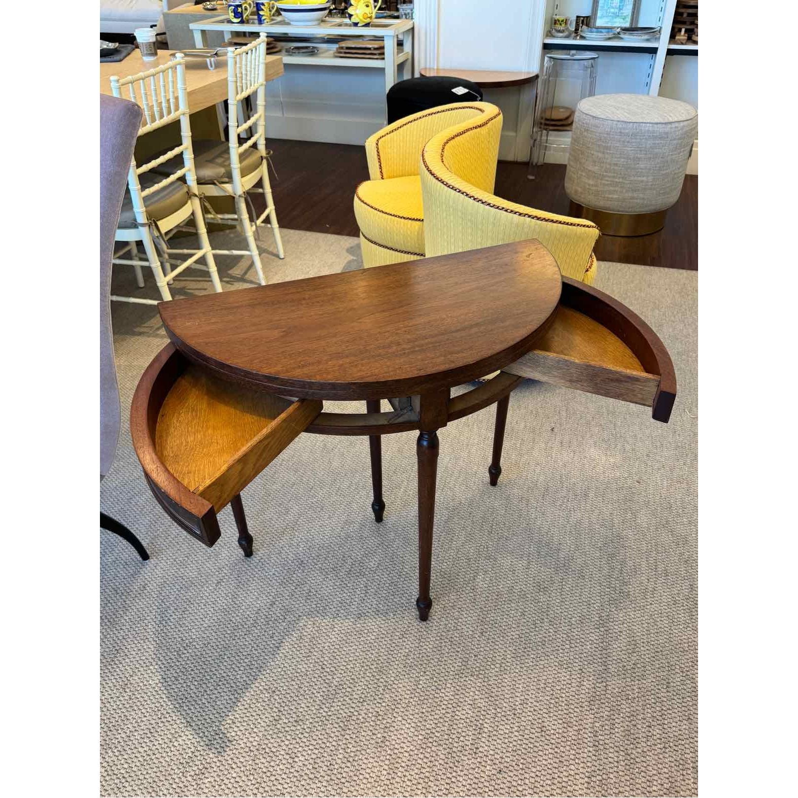 Vintage Folding Wood Demilune Table w/ Extendable Top & 2 Drawers