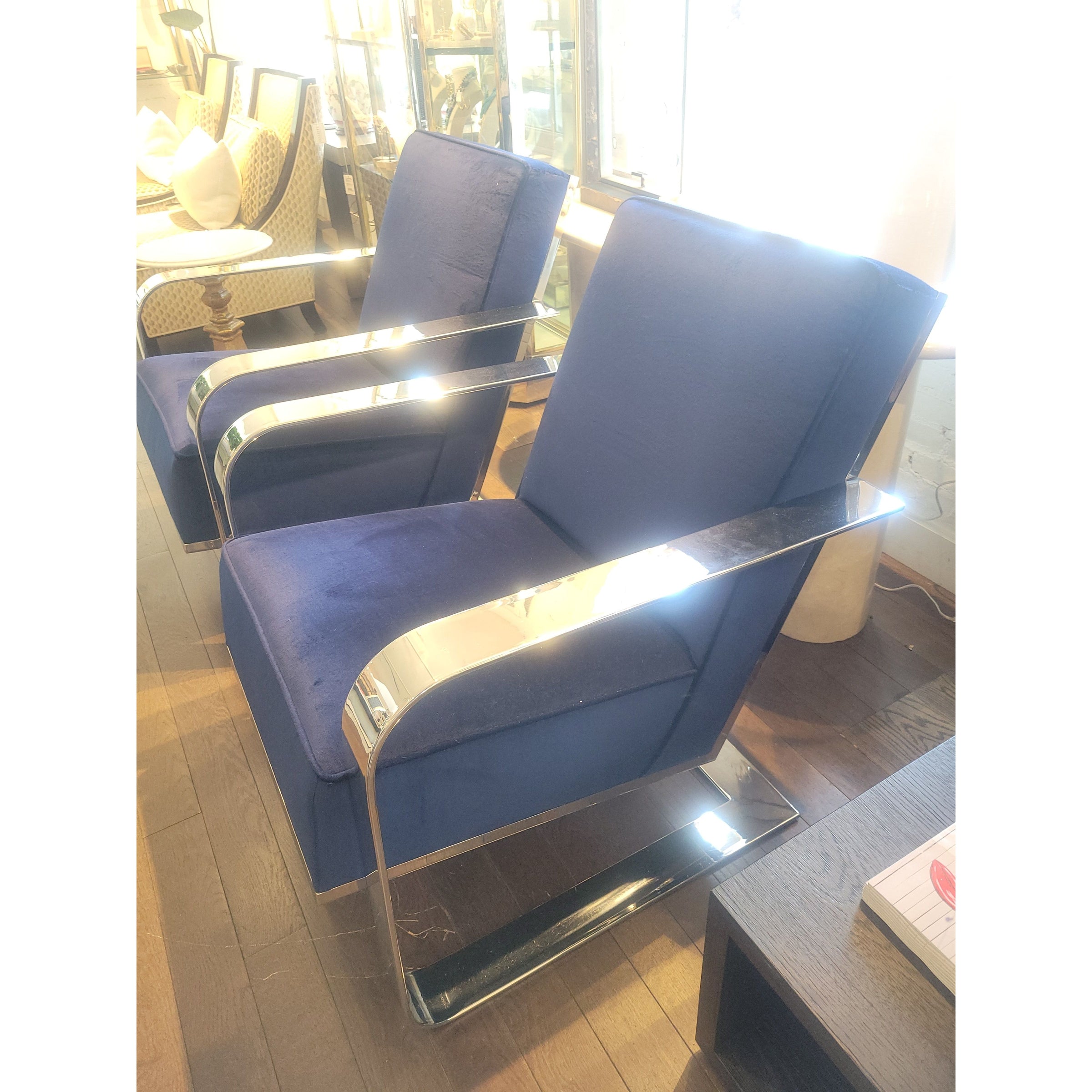 PAIR of Custom Blue Velvet & Chrome Club Chairs by Artistic Frame