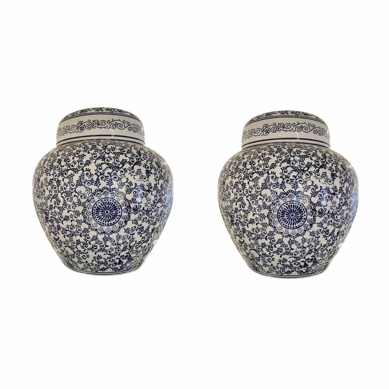 Pair of Blue & White Asian Style Ginger Jars w/ Lids