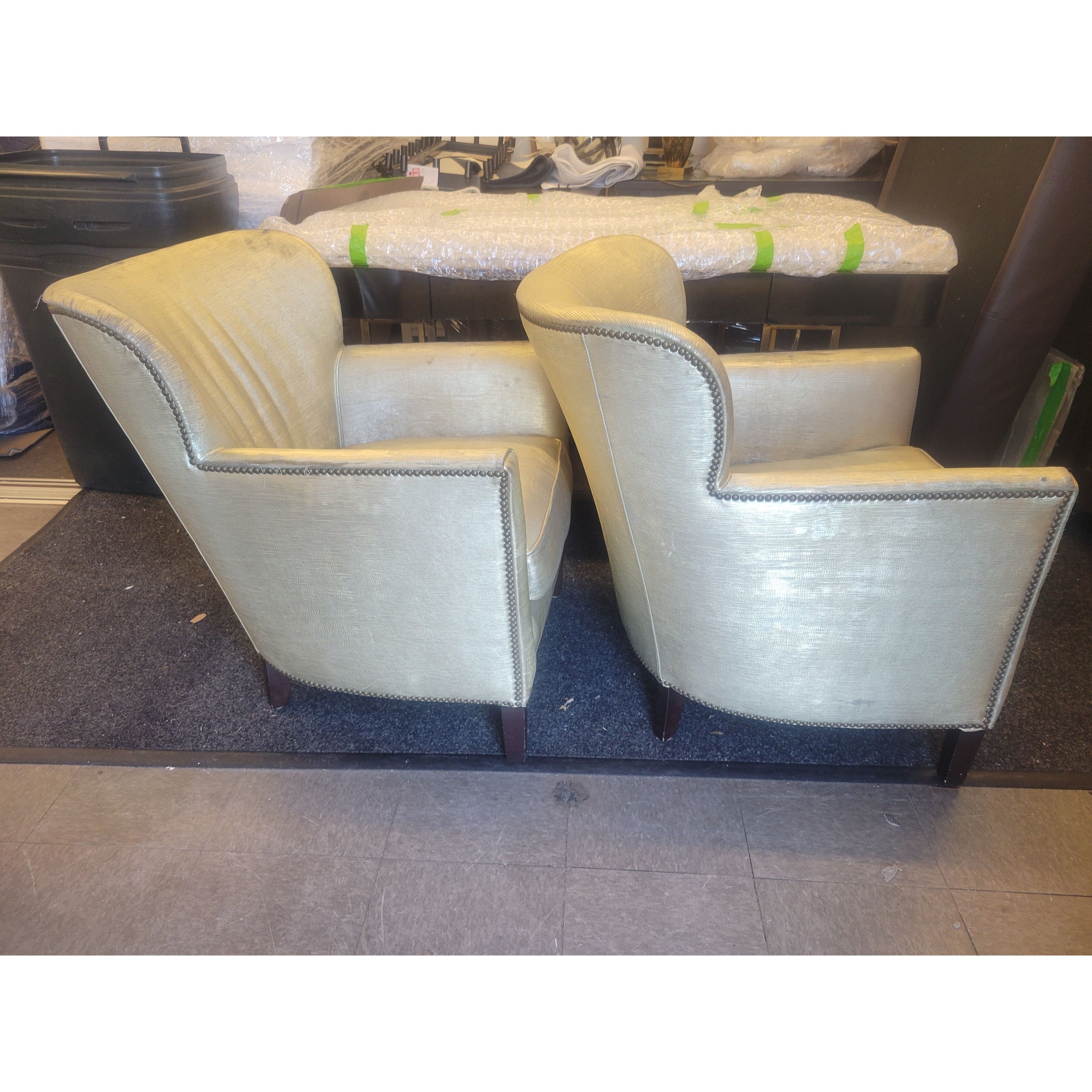 PAIR of Gold Fabric Nailhead Arm Chairs by Lee Industries (AS IS) - colletteconsignment.com