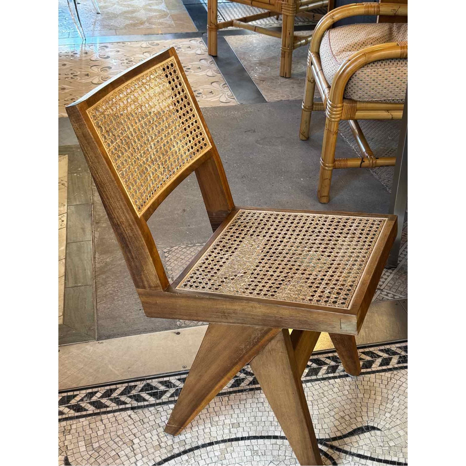 SET of 4 Acacia Wood & Rattan Cane Dining Chairs
