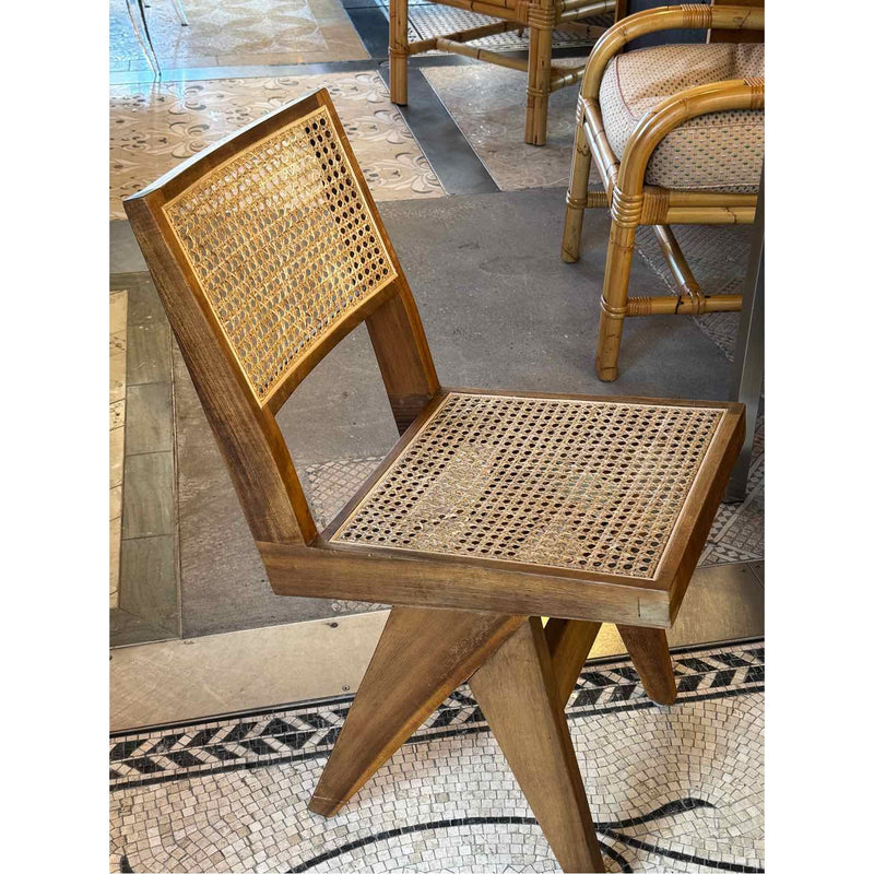 SET of 4 Acacia Wood & Rattan Cane Dining Chairs