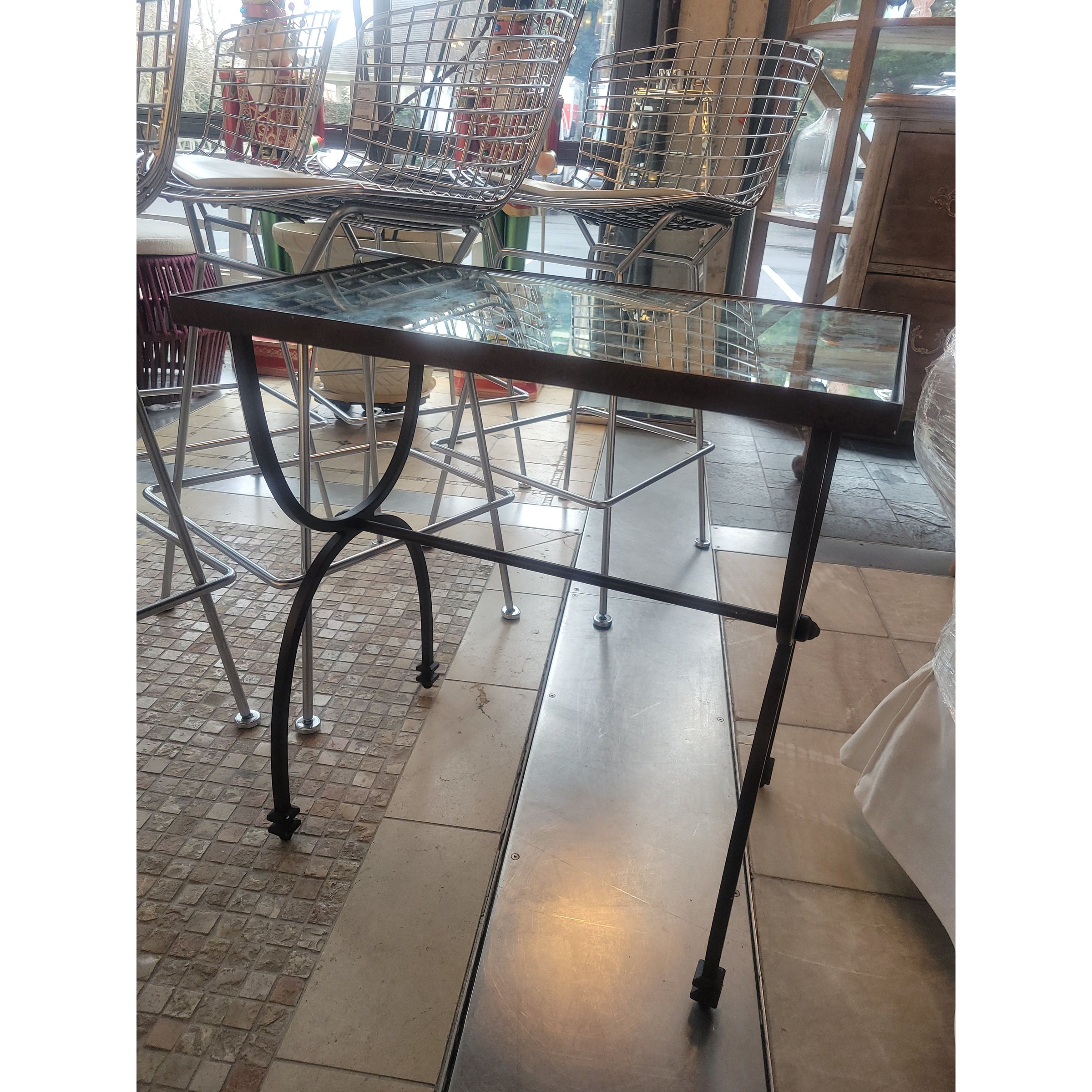 PAIR of Black Metal Nesting Tables w/ Mirror Glass Tops (AS IS)