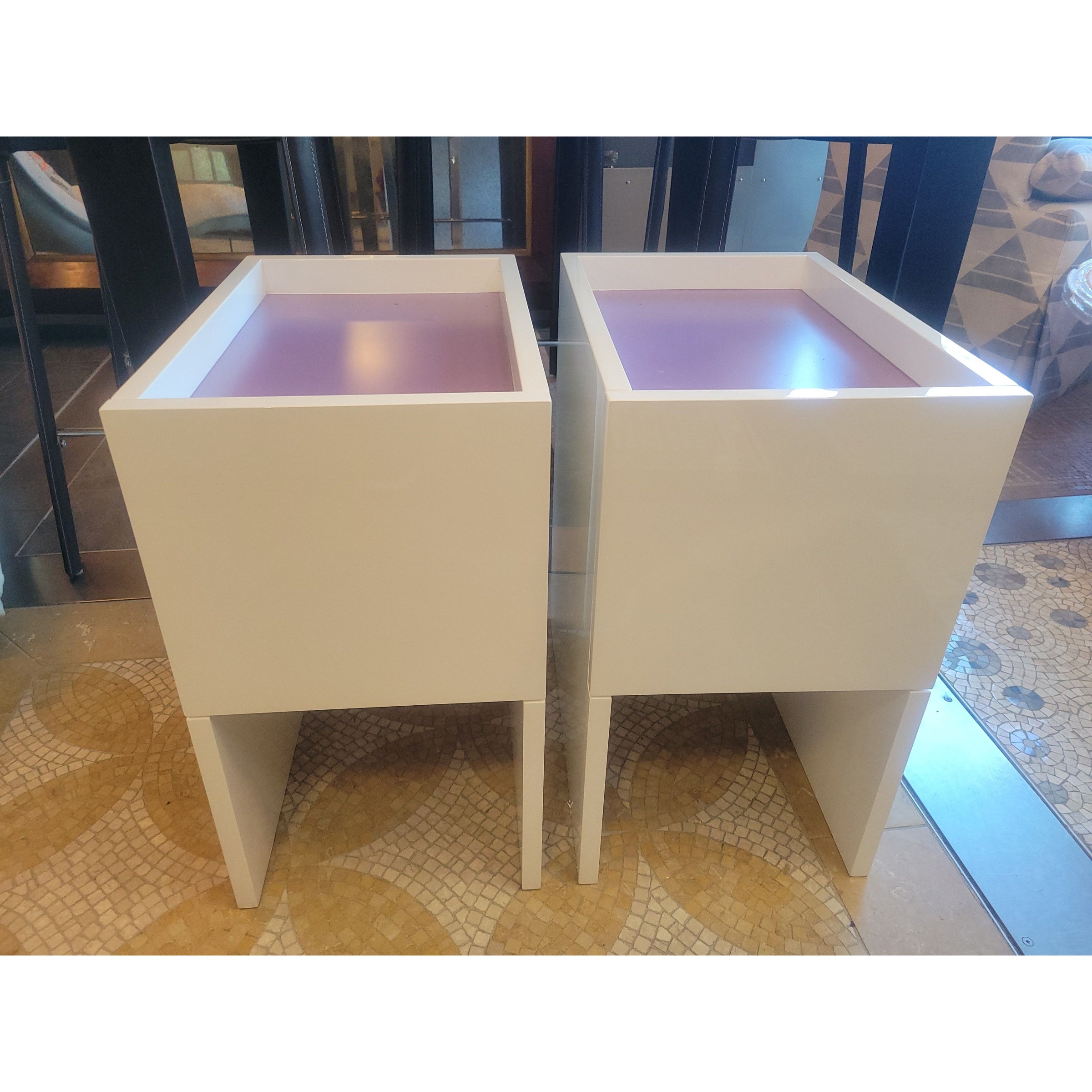PAIR of White & Purple Lacquer 1-Drawer Side Tables