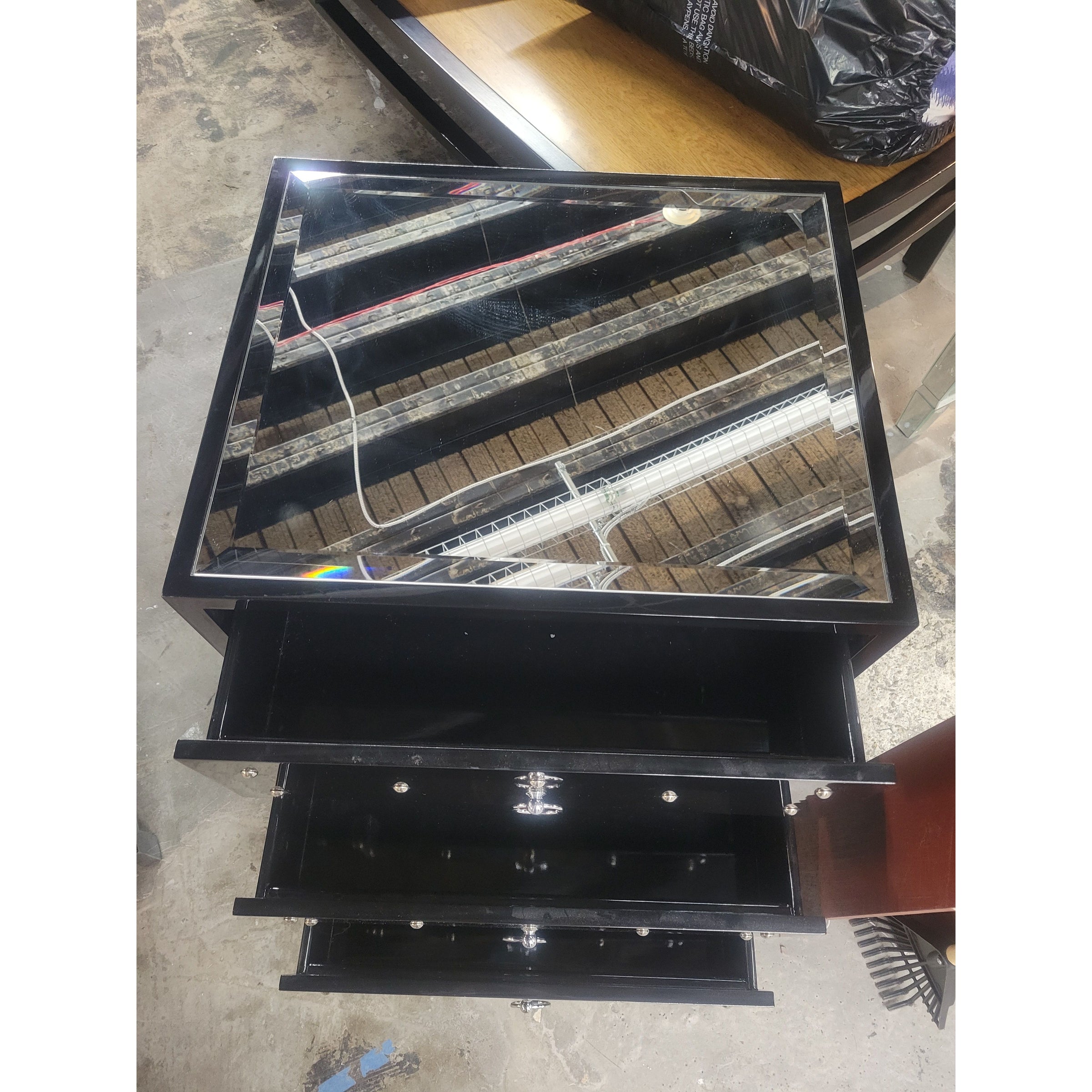 Black Lacquer & Nickel 3-Drawer Nightstand w/ Mirror Top by Worlds Away