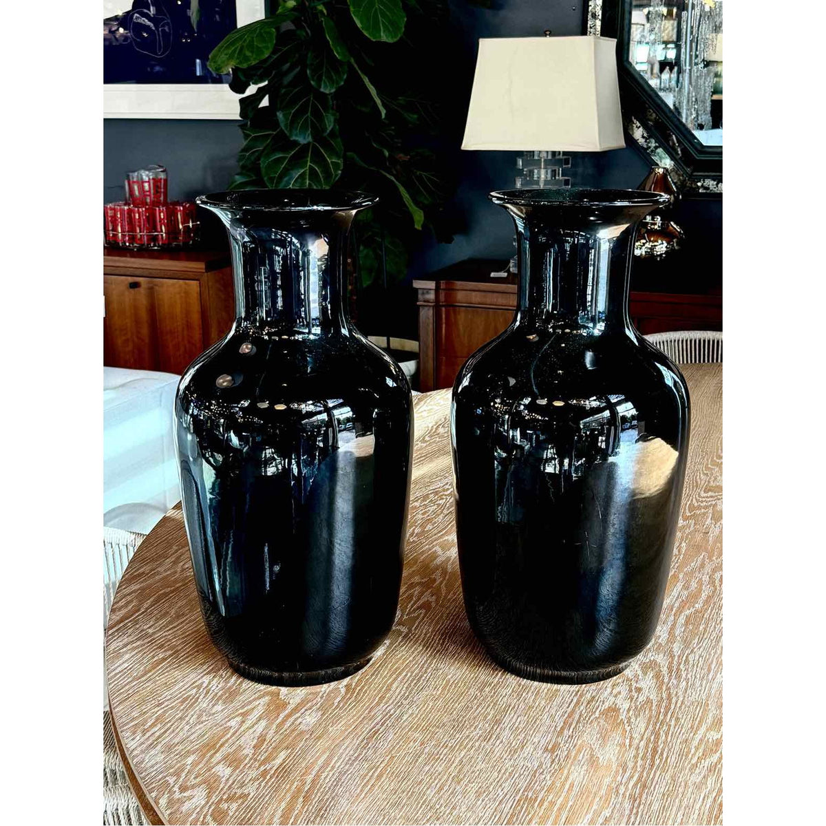 Pair of Tall Black Ceramic Vases