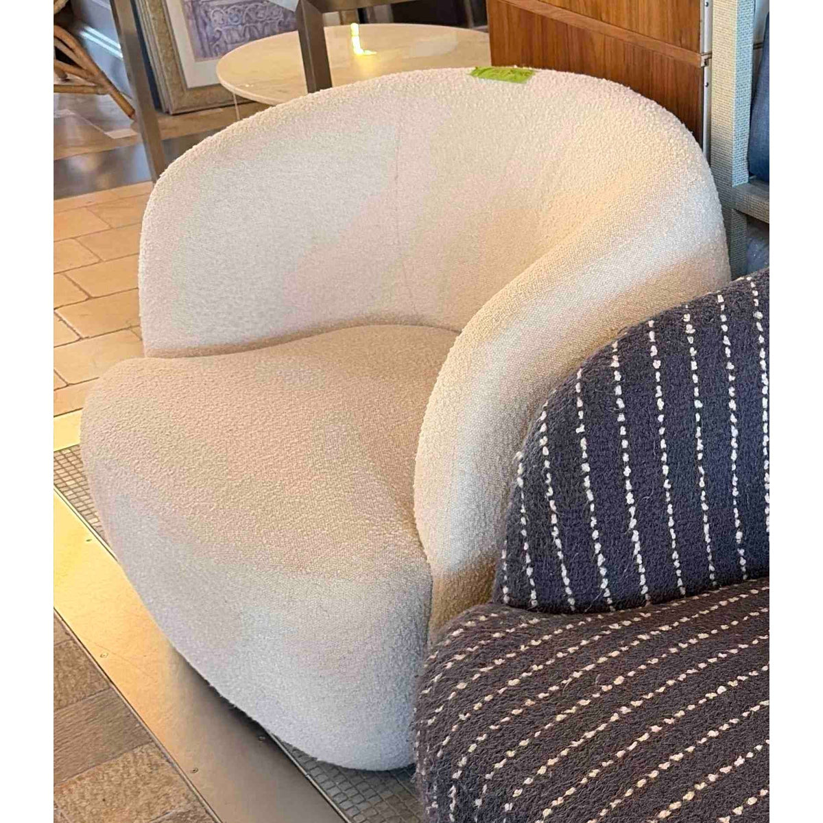 Ivory Boucle Barrel Back Swivel Chair by Goop (AS IS) - colletteconsignment.com