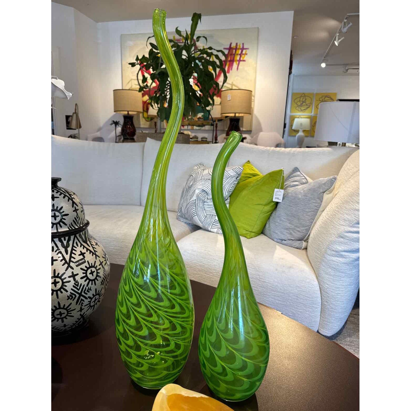 Pair of Hand-Blown Art Glass Vases with/ a Twisted Neck & Green Swirl Pattern