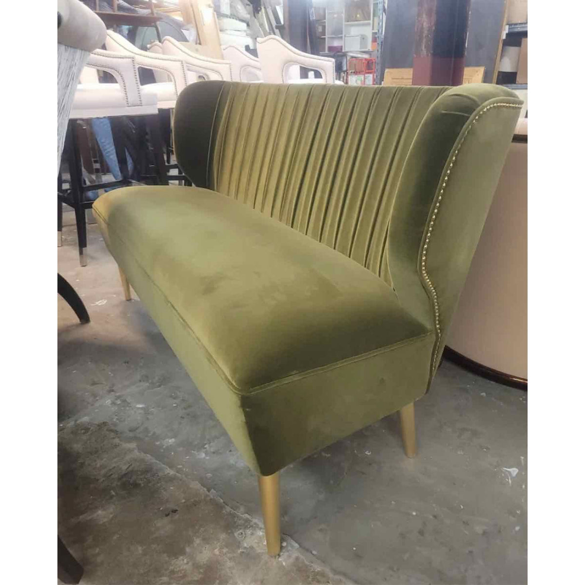 Custom Green Velvet Nailhead Loveseat w/ Aged Brass Legs