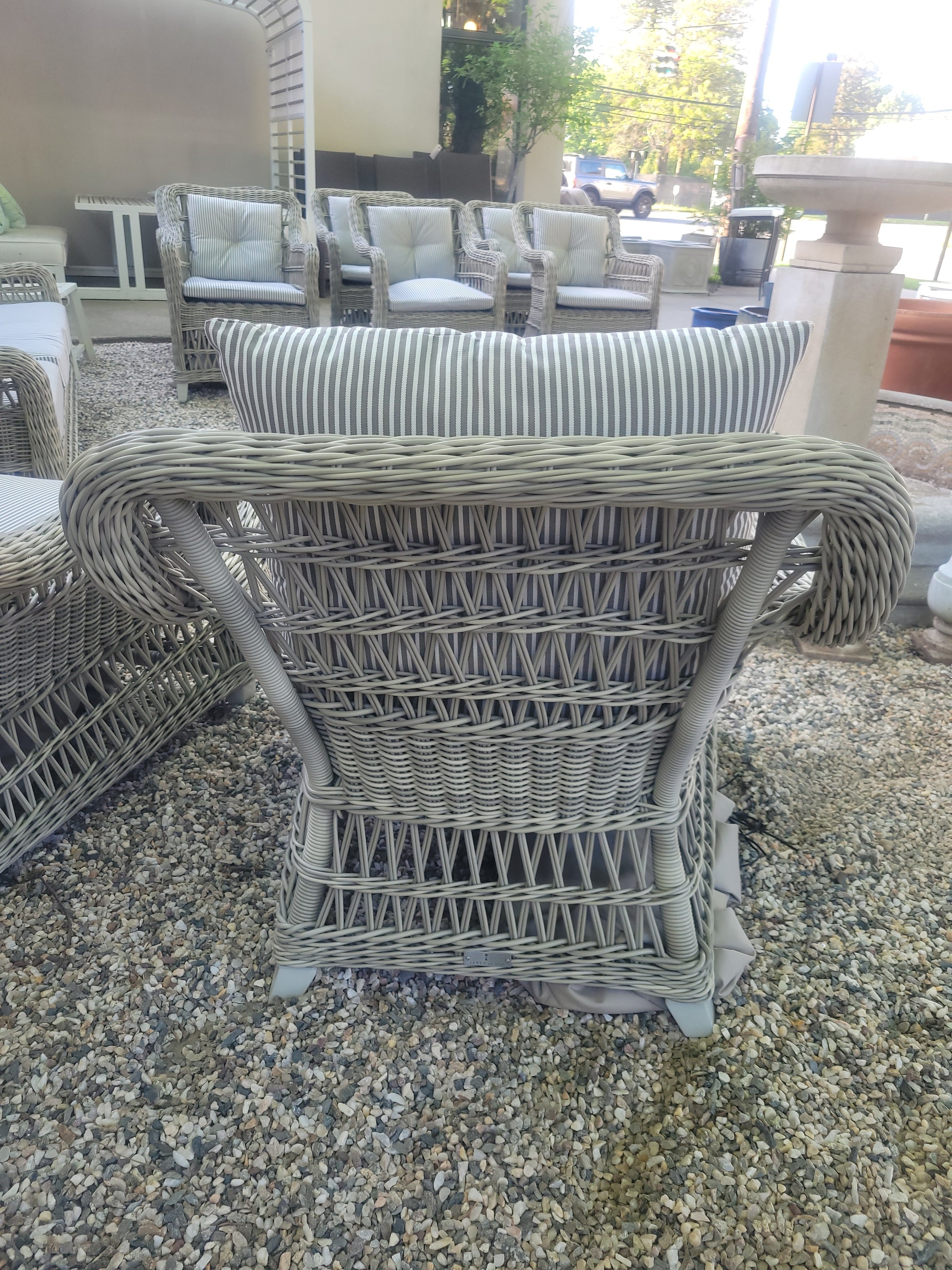 PAIR of Gray Wicker Arbor Lounge Chairs w/ Striped Cushions by Janus et Cie