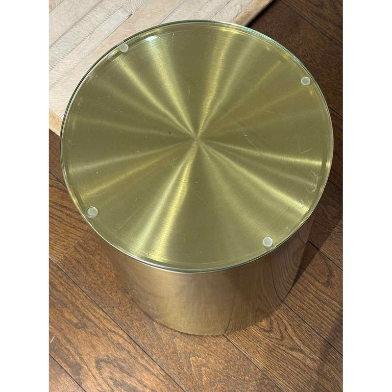 Brass Cylinder Side Table w/ Glass Top
