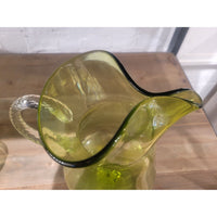 SET of Vintage Green Glass Drink Pitcher & 6 Glasses by Sasaki
